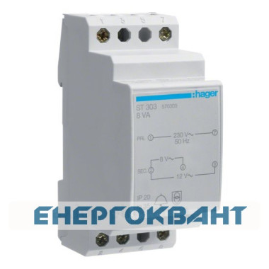 Модульний трансформатор Hager ST303 для дзвінка 230В / 8-12В 8ВА Модульний трансформатор Hager ST303 для дзвінка 230В / 8-12В 8ВА