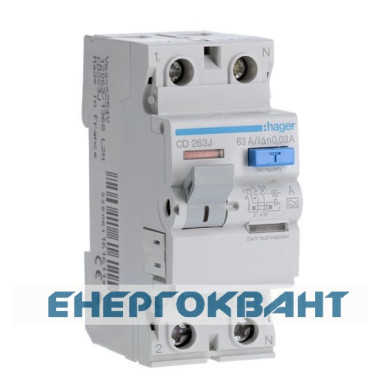 УЗО Hager CD263J, 2х63 А 30 мА, А, 2м