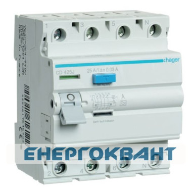 УЗО Hager CD425J, 4х25 А 30 мА, А, 4м